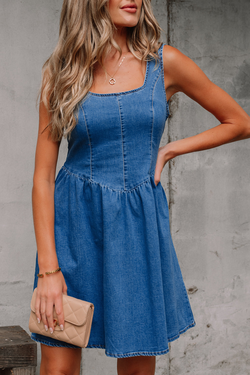 Bohemian denim flared dress closeup