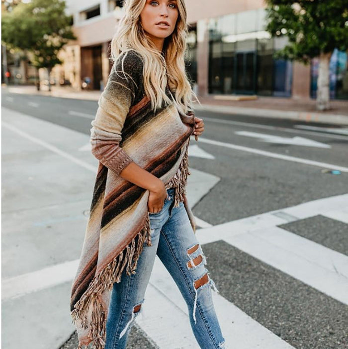 Bohemian fringed knit pullover cream