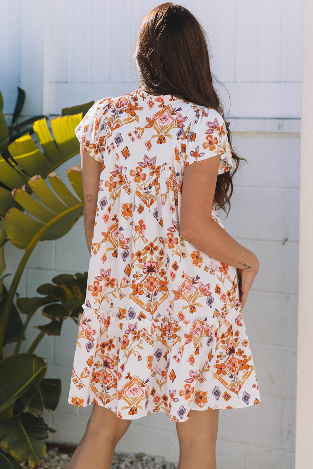 Bohemian printed mini dress front view