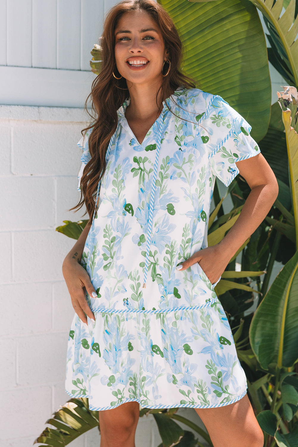 Bohemian Ruched Blue Mini Dress