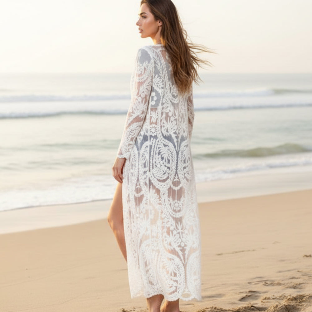 Bohemian white crochet beach coverup