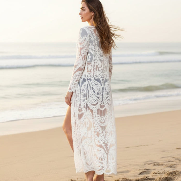 Bohemian white crochet beach coverup