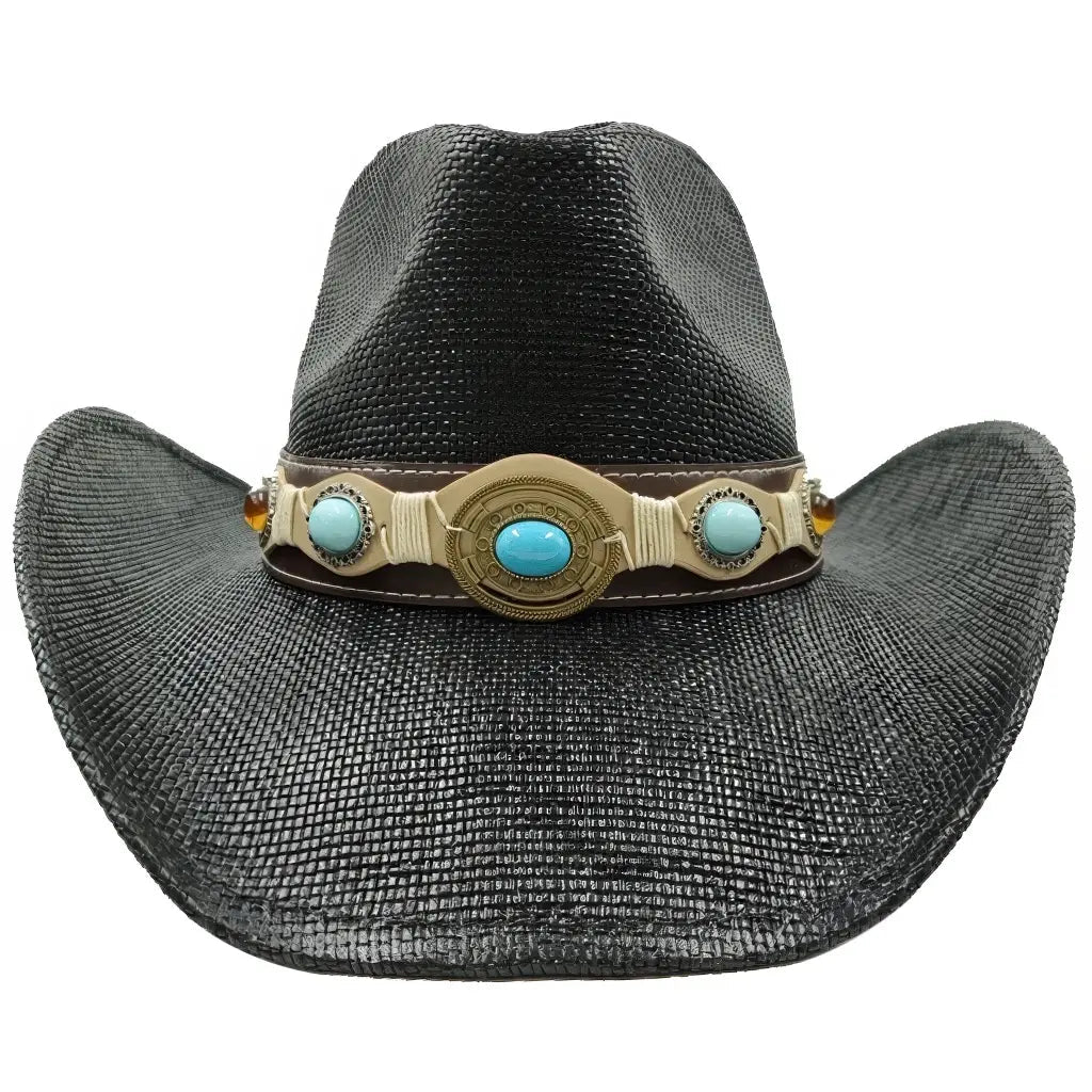 Bohemian wide-brim natural straw cowgirl hat