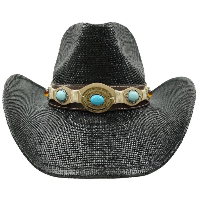 Bohemian wide-brim natural straw cowgirl hat
