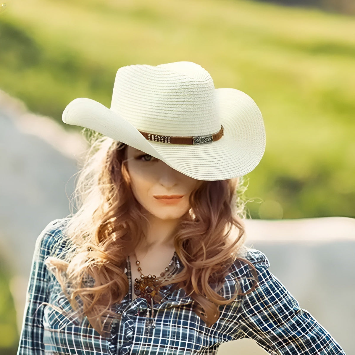 Bohemian wide-brim straw cowgirl hat