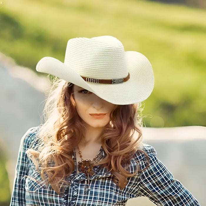 Bohemian wide-brim straw cowgirl hat