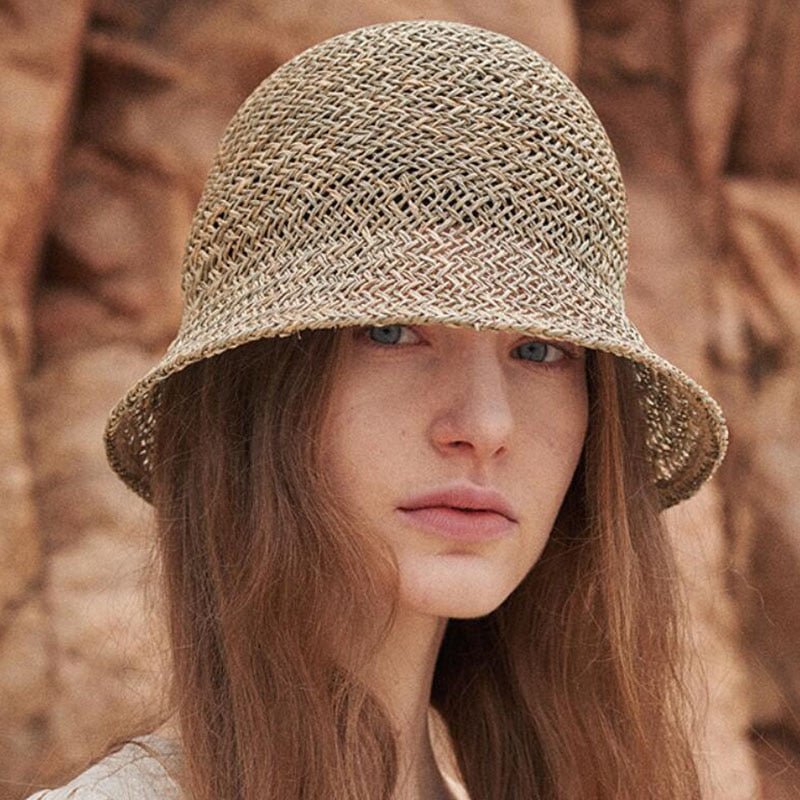 Bohemian woven straw bucket hat