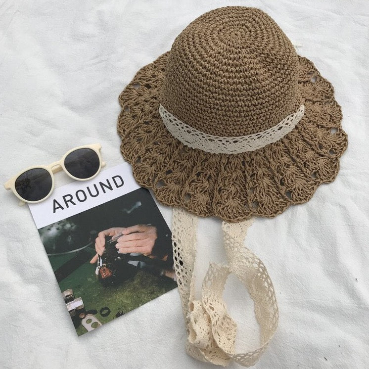 Bohemian woven straw wide-brim hat