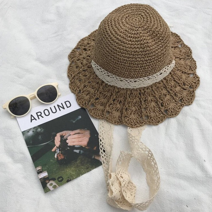 Bohemian woven straw wide-brim hat