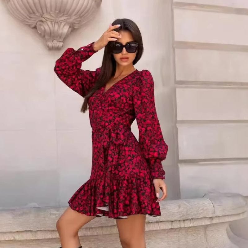 bohemian v neck dress red