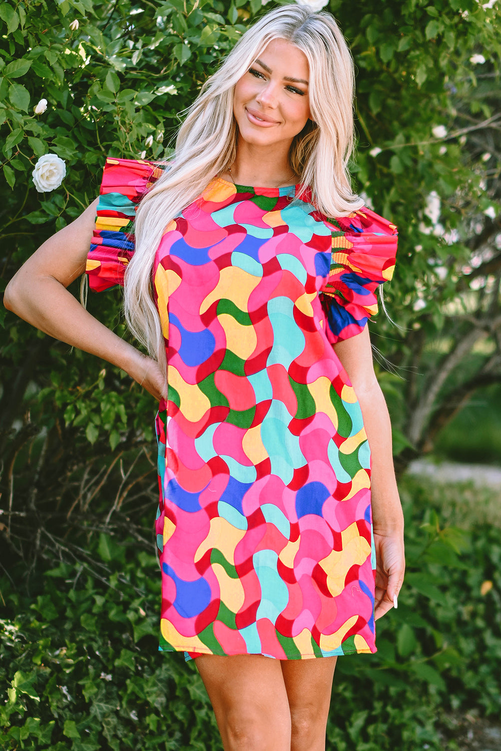 Boho Abstract Ruffle Mini Dress