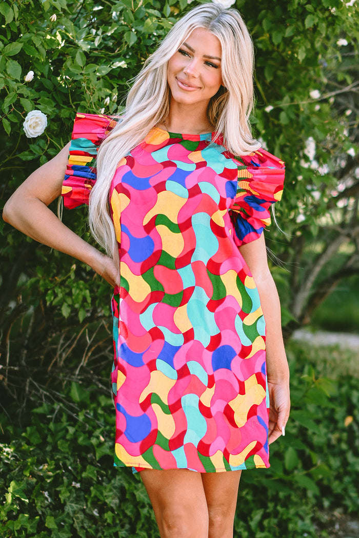 Boho Abstract Ruffle Mini Dress