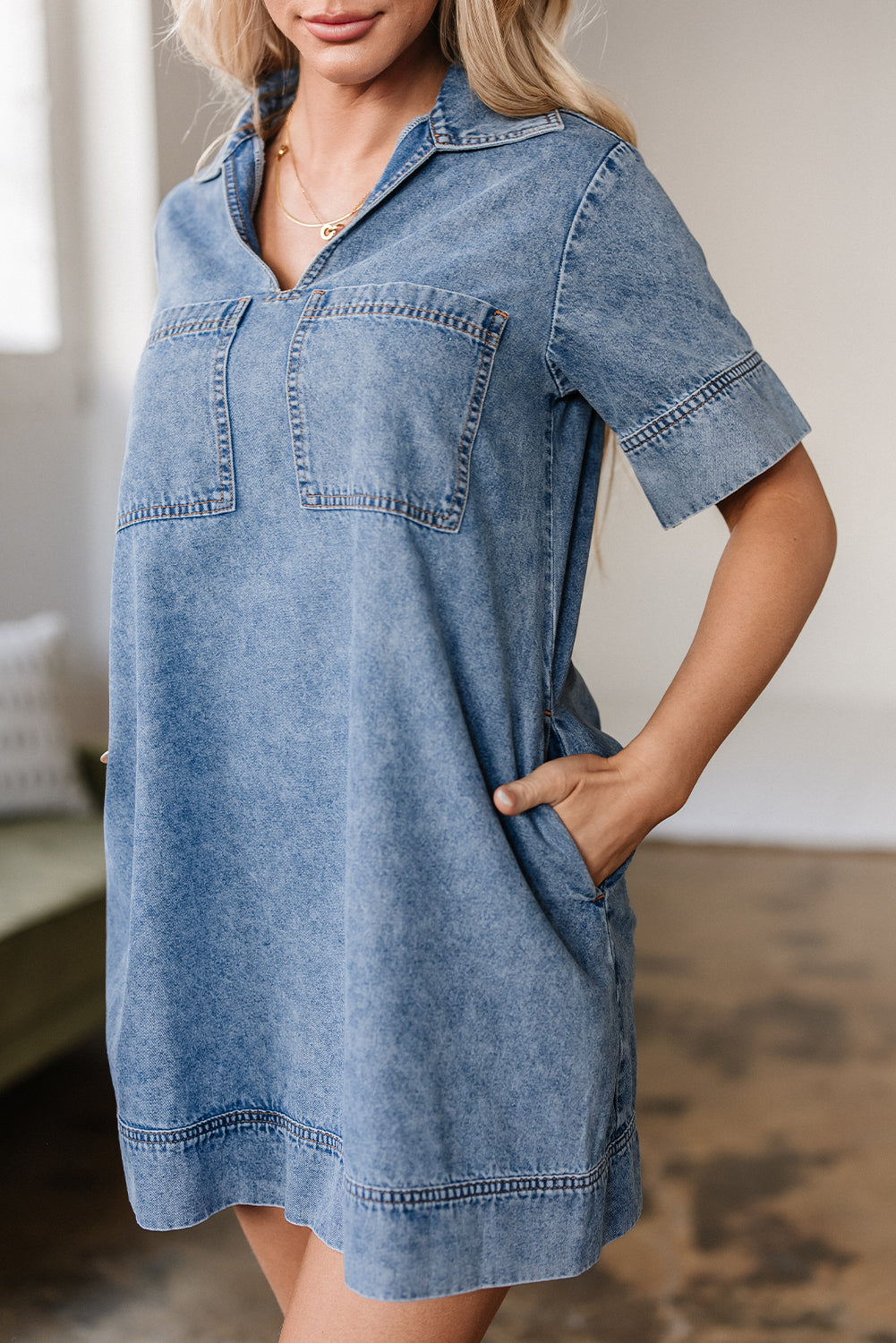 Boho Denim Short Sleeve Mini Dress