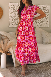 Boho Geo Print V Neck Maxi Dress