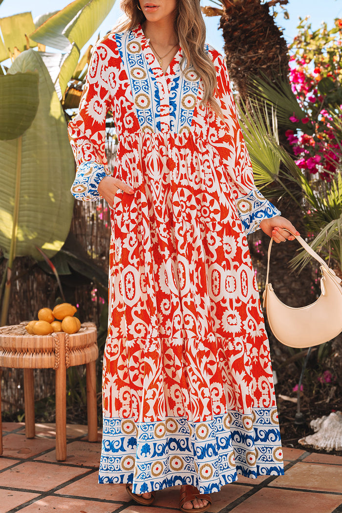 Boho Geometric Long Sleeve Maxi Dress
