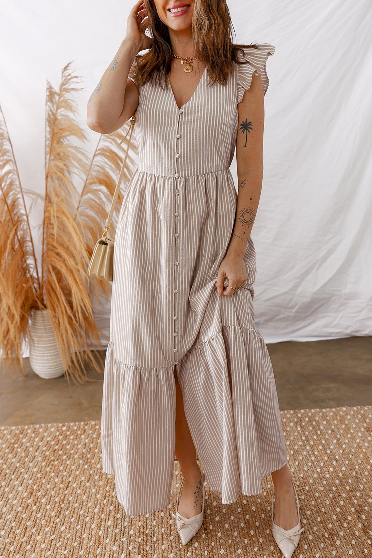 Boho Khaki Flowy Maxi Gown