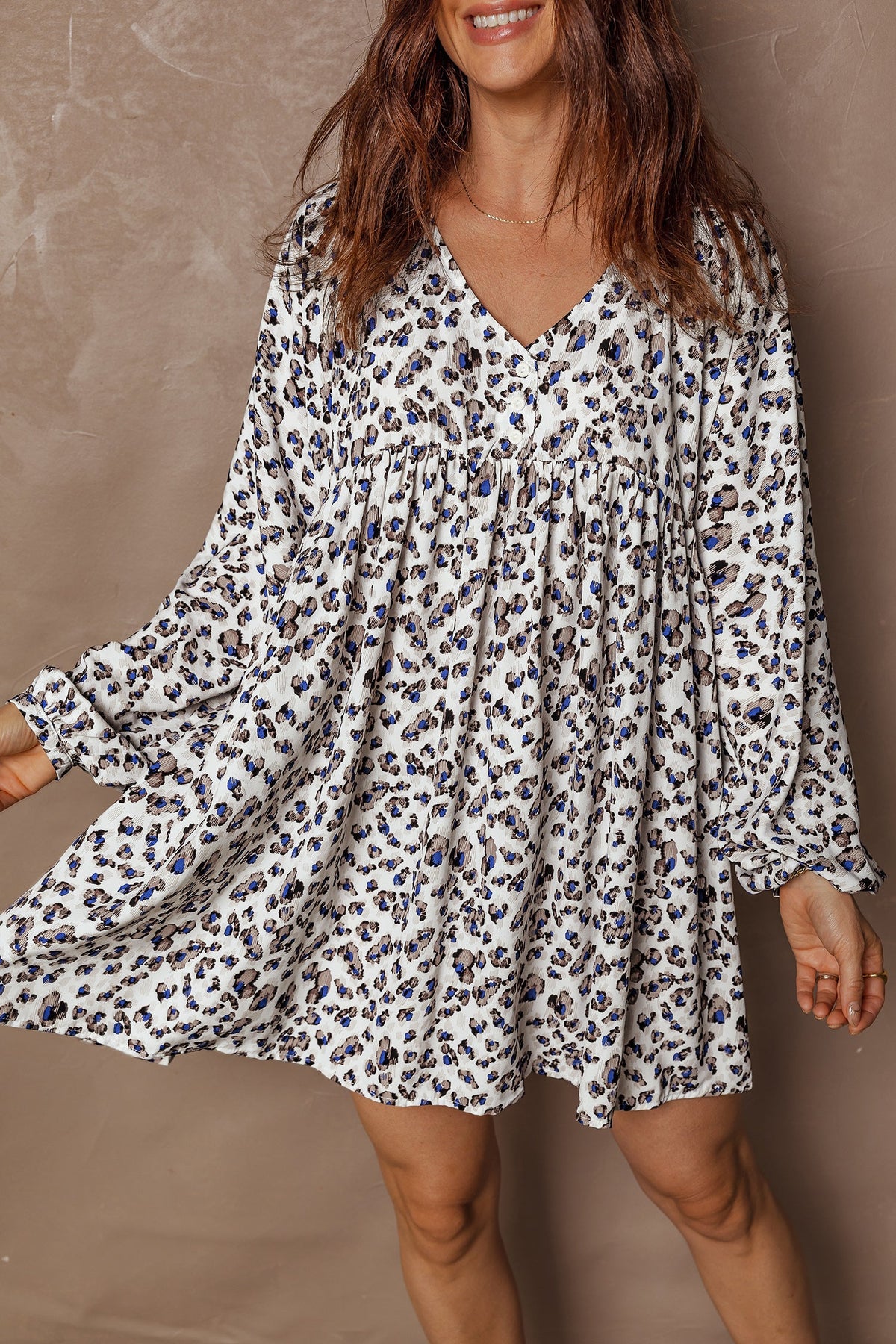 Boho Leopard Long Sleeve Mini Dress