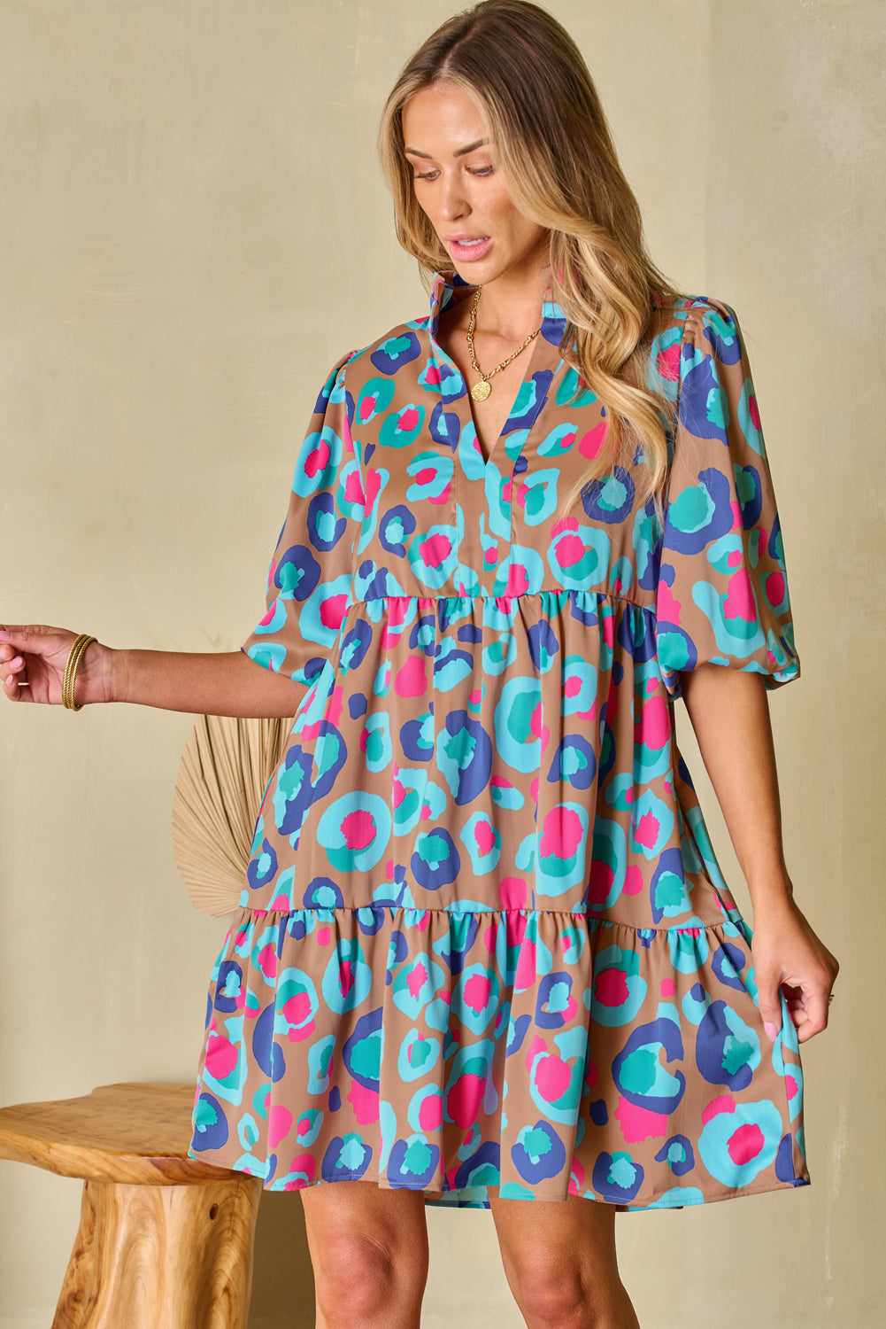 Boho Leopard Ruffle Mini Dress