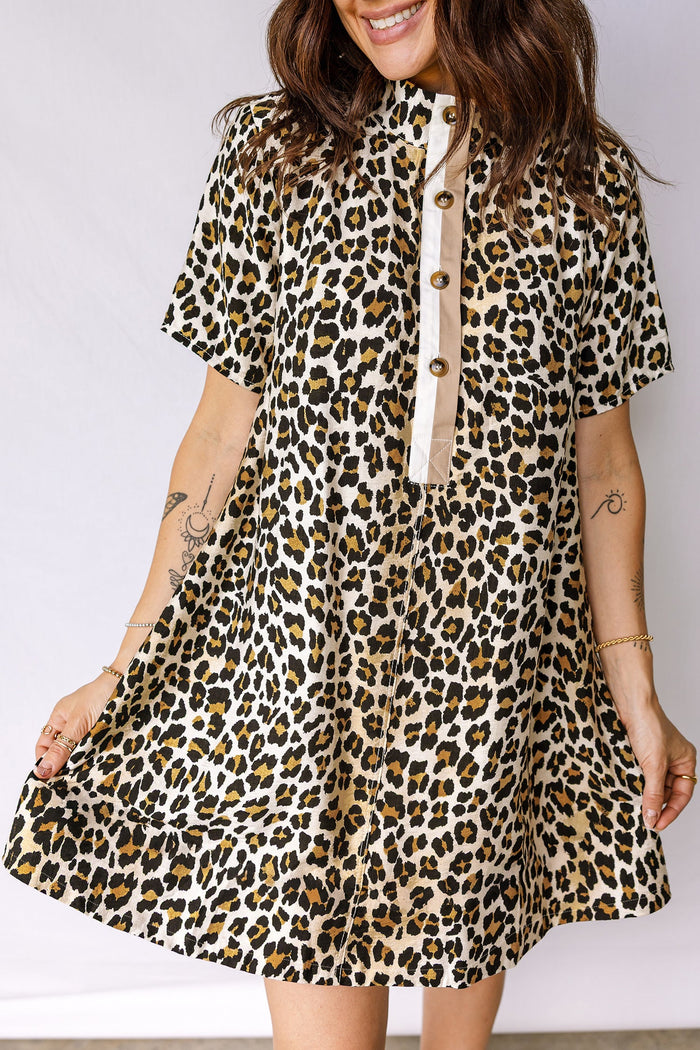 Boho Leopard Short Sleeve Mini Dress