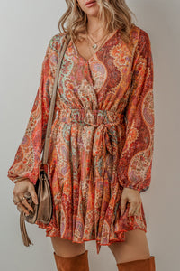 Boho Pleated Belted Mini Dress