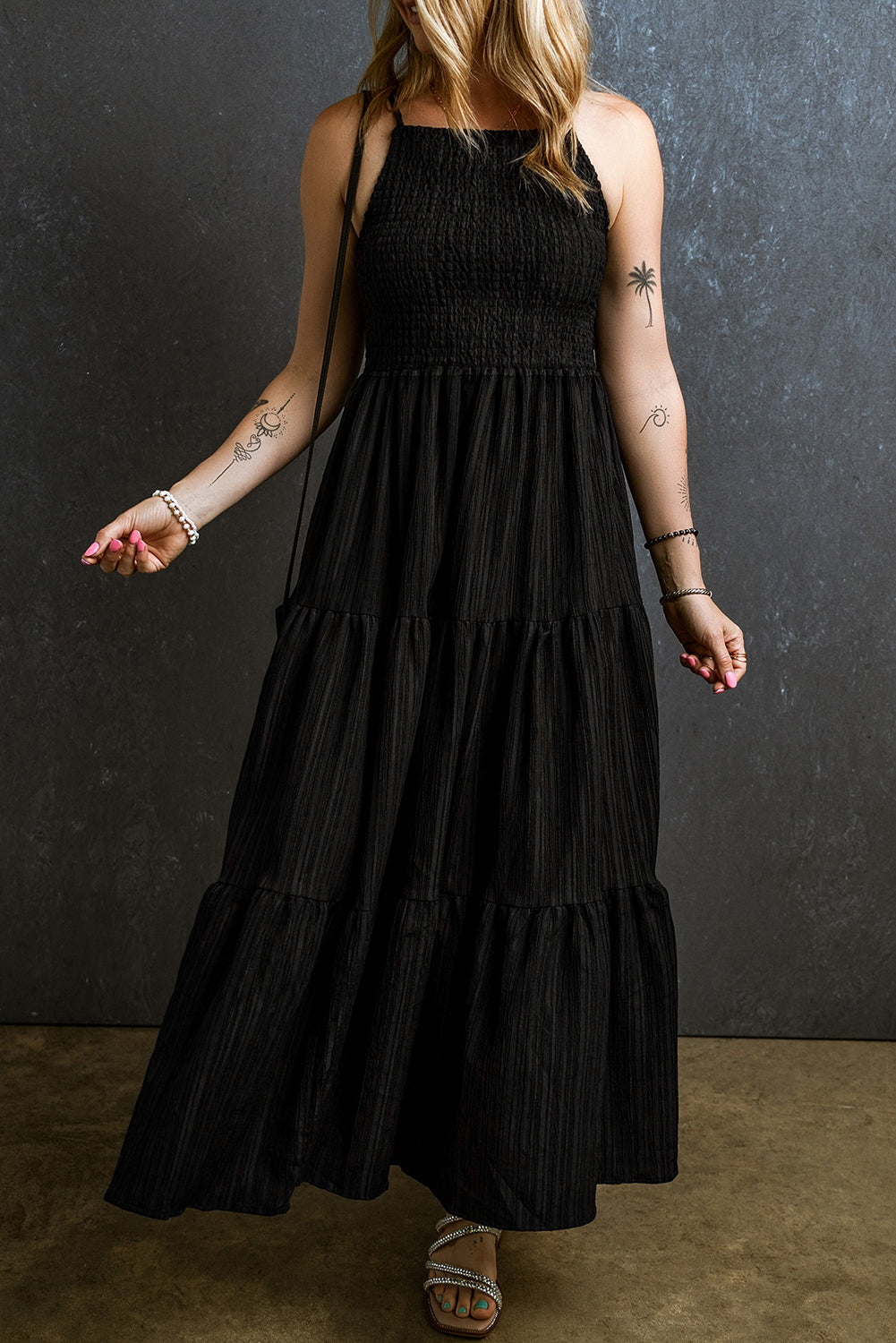 Boho Pleated Tiered Maxi Dress