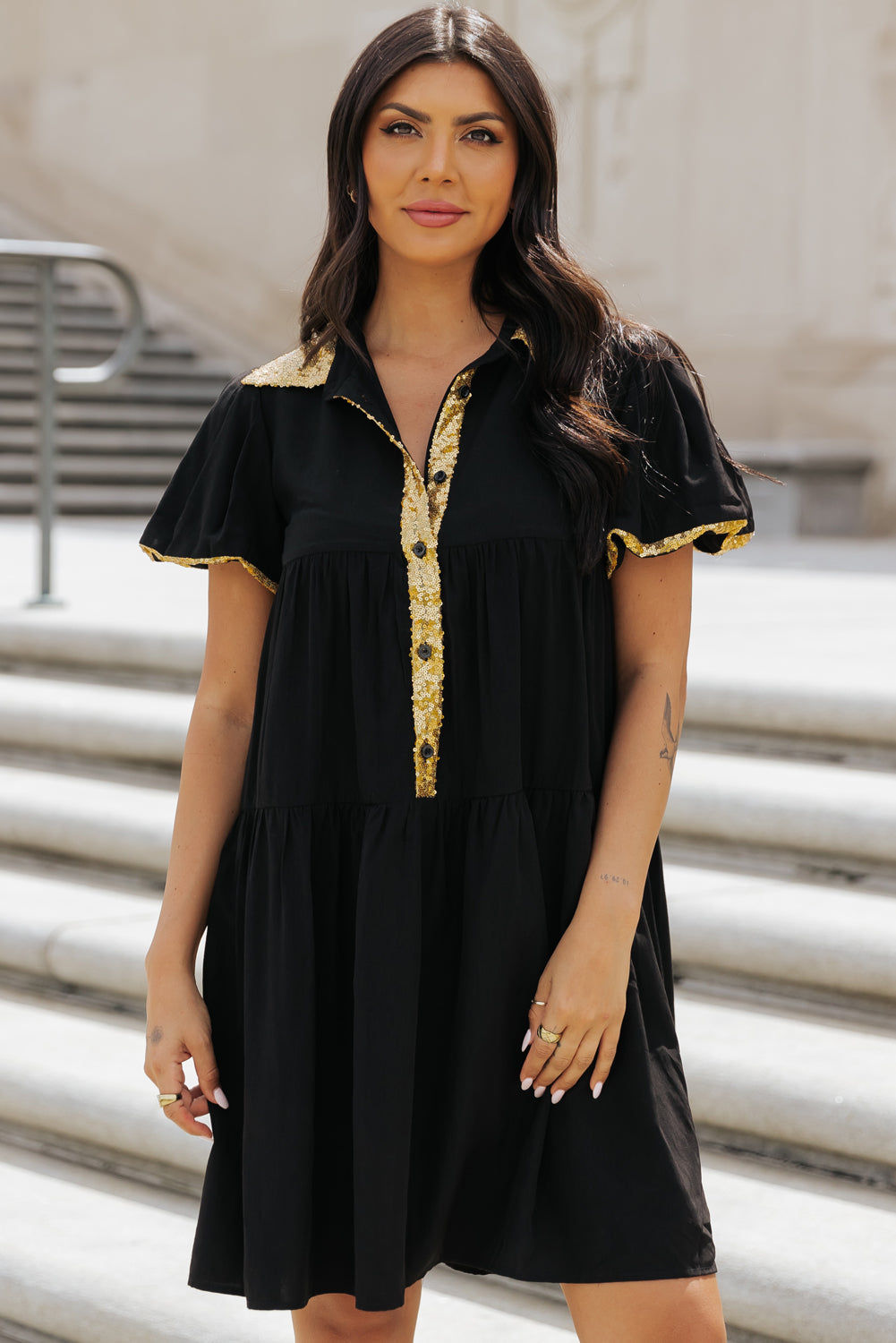 Boho Sequin Bubble Sleeve Mini Dress