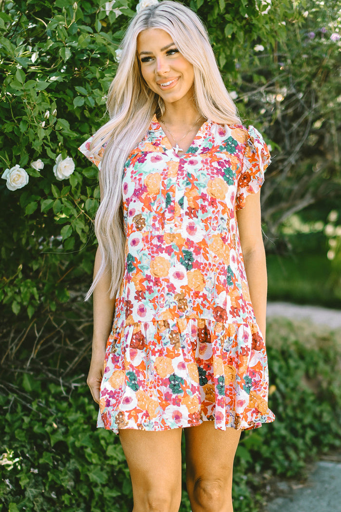 Boho Split Neck Flutter Mini Dress