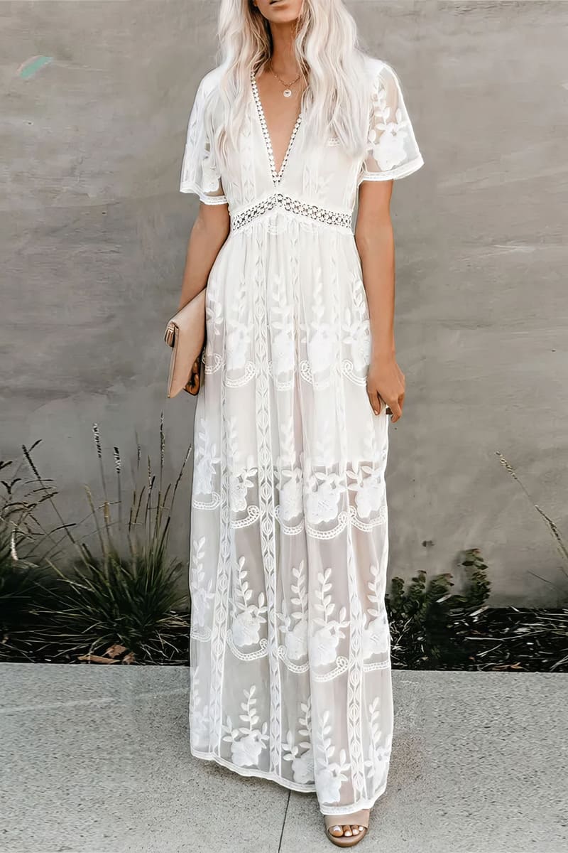 boho lace white maxi dress