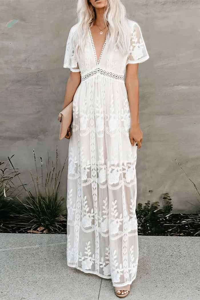 boho lace white maxi dress