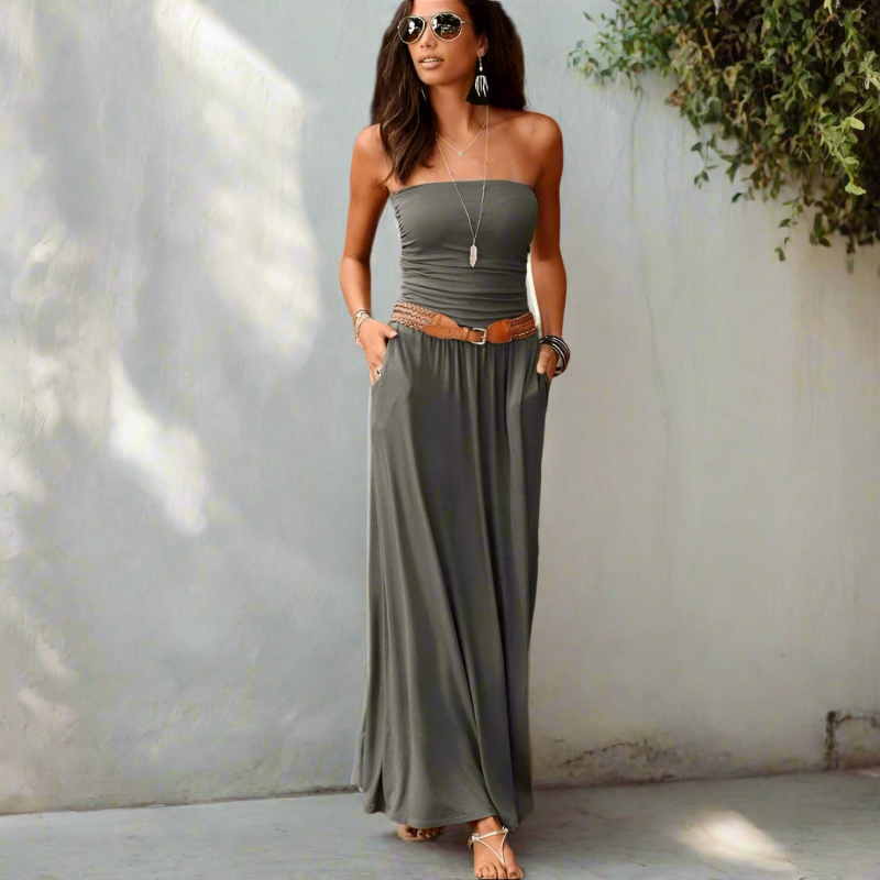 boho maxi dress off shoulder gray