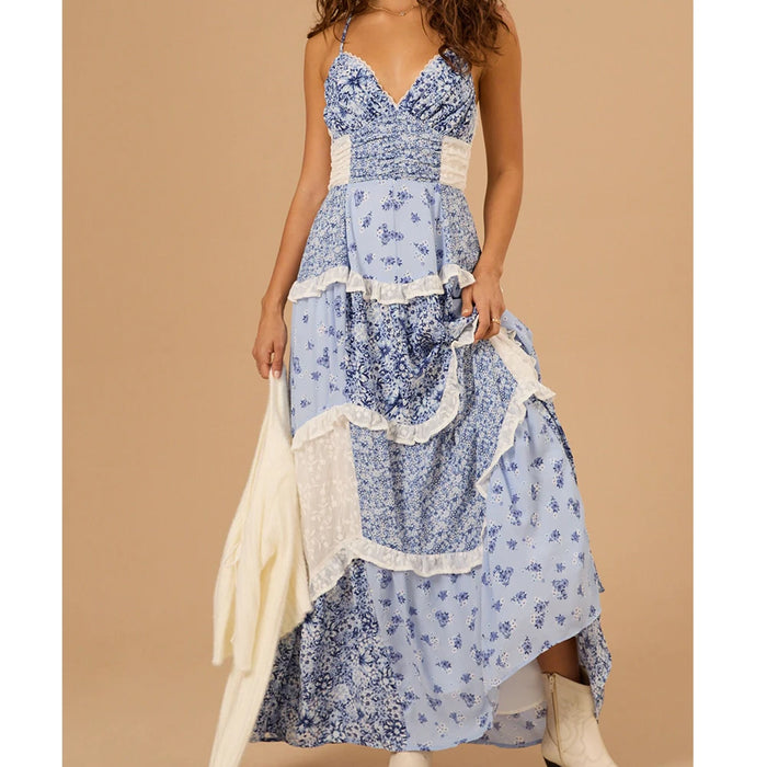 boho patchwork maxi dress blue