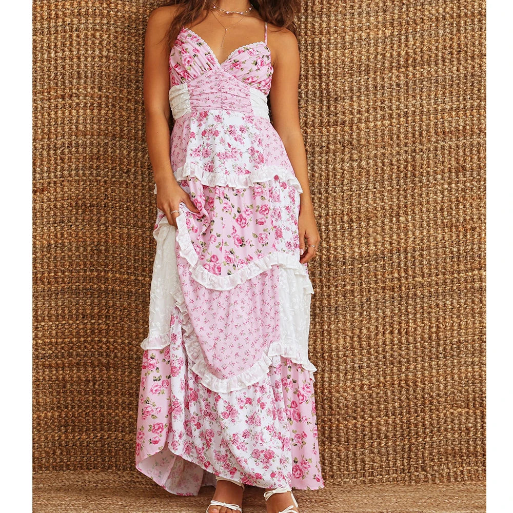 boho patchwork maxi dress pink