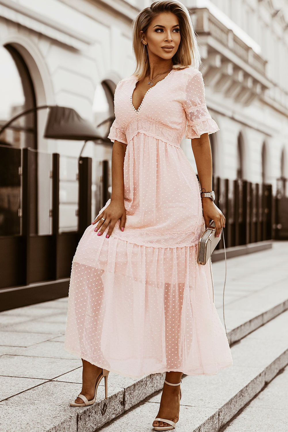 Casual Pink Long Sleeve Dress