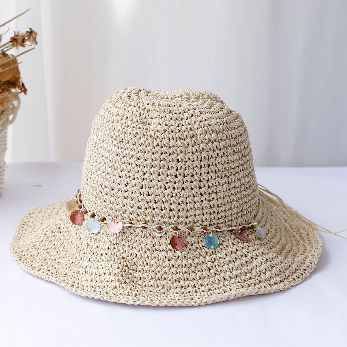 Crochet Straw Bucket Hat Beige