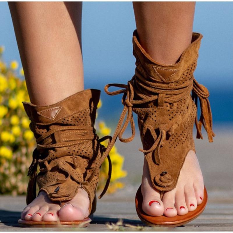Flat strappy gladiator boots leather