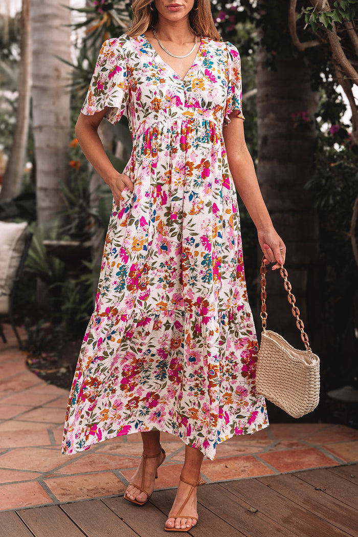 Floral V Neck Short Sleeve Maxi Dress