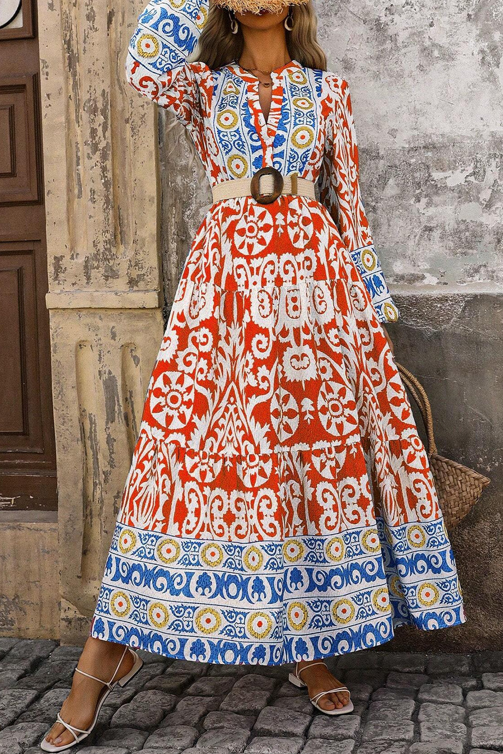 Geometric pattern bohemian floor-length dress