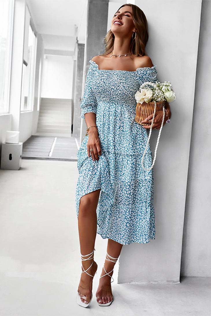 off the shoulder boho dress blue