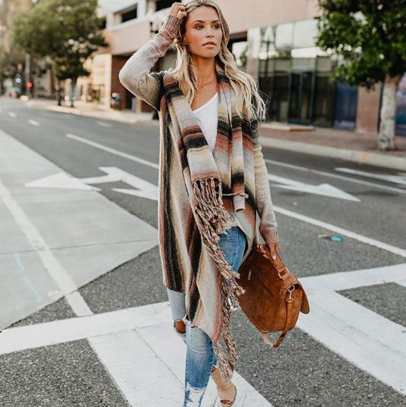 Oversized boho tassel sweater outfit
