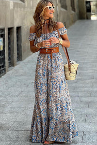Paisley print ruffle maxi gown