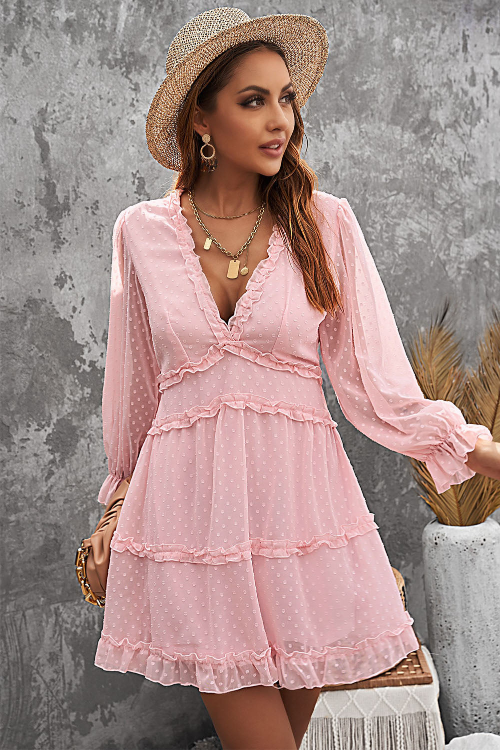 Pink Puff Sleeve Mini Dress