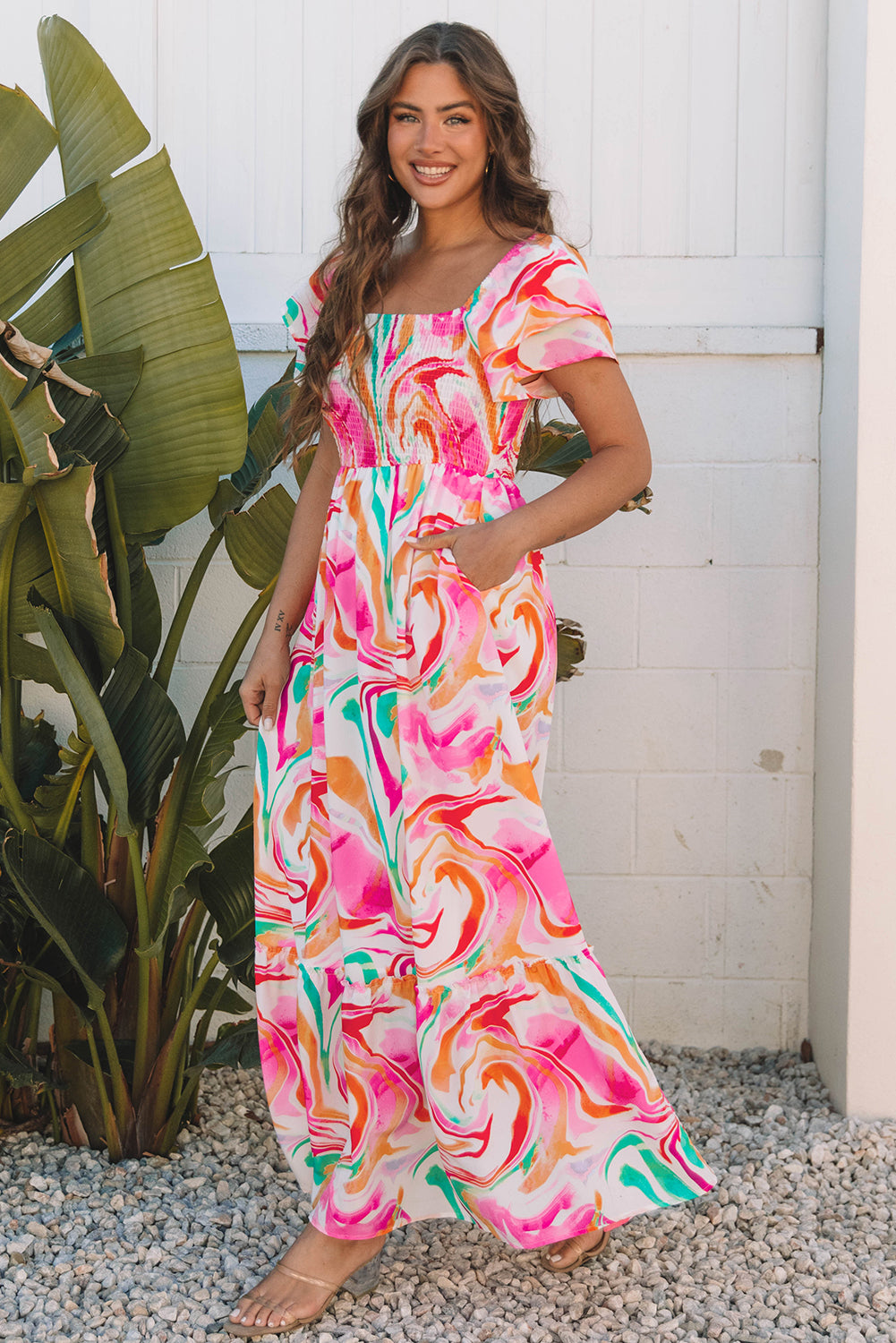 Pink Ruched Maxi Dress Side