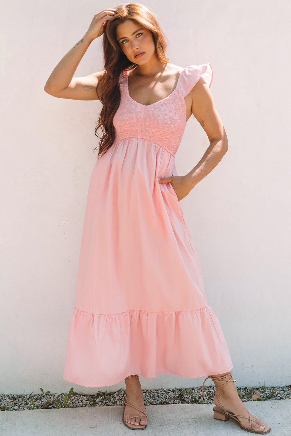 Pink tiered maxi dress front