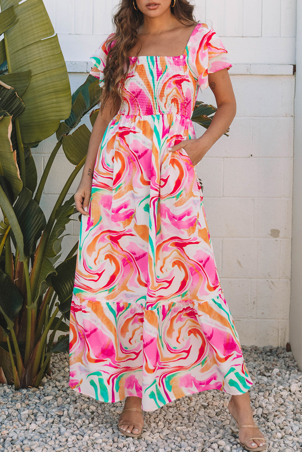 Pink Tiered Skirt Boho Dress