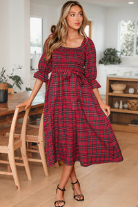 Red Plaid Midi Dress