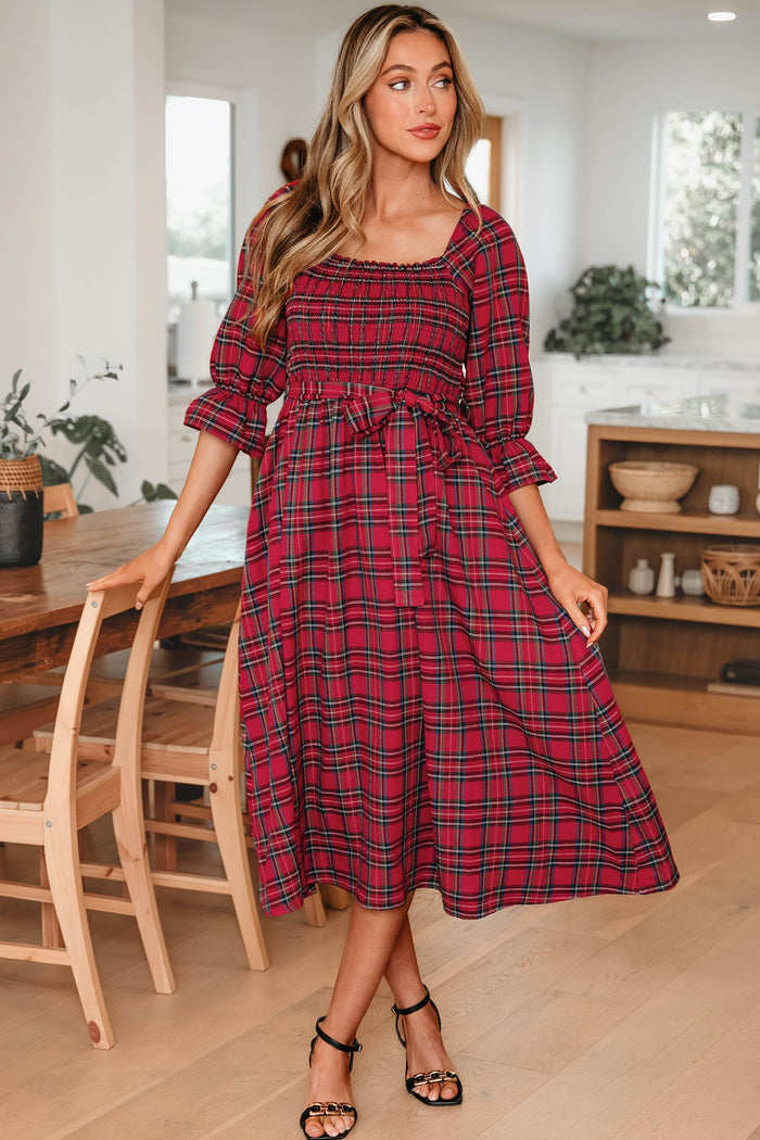 Red Plaid Midi Dress