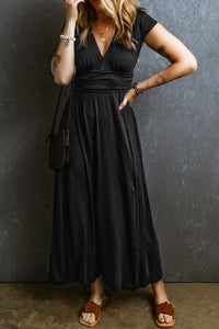 Shirred V Neck Maxi Dress