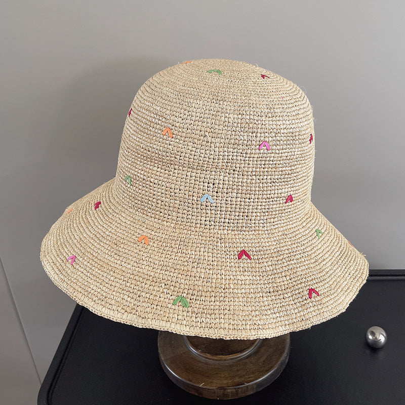 Straw Bucket Hat Embroidered Raffia Beige
