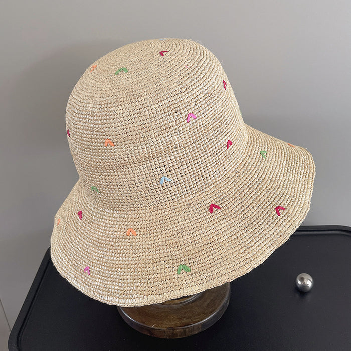 Straw Bucket Hat Embroidered Raffia