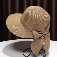 Straw Bucket Hat with Bow Tie Khaki